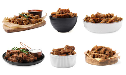 Collage with tasty rye croutons on white background