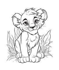 Fototapeta premium Hand drawn vector coloring page of cartoonish lion pup. Coloring page for kids and adults. Print design, t-shirt design, tattoo design, mural art, line art. 