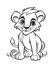 Hand drawn vector coloring page of  cartoonish lion pup. Coloring page for kids and adults. Print design, t-shirt design, tattoo design, mural art, line art. 