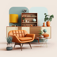 Mid century modern interior design. Stylish furniture, home decor concept. Generative AI