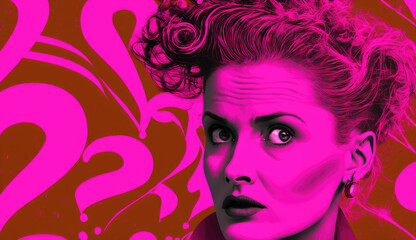 Portrait of a woman with interrogation marks surrounding her on magenta background, generative ai illustration