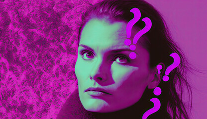 Portrait of a woman with interrogation marks surrounding her on magenta background, generative ai illustration