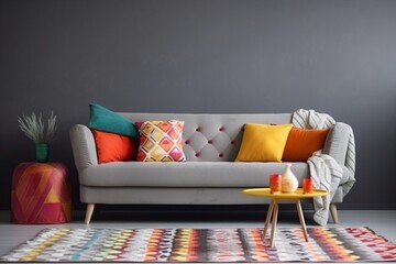 interior background furniture loft sofa cushion copy space home living room modern. Generative AI.