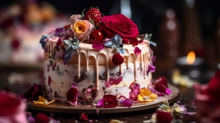 A white drip cake with fruit and flowers