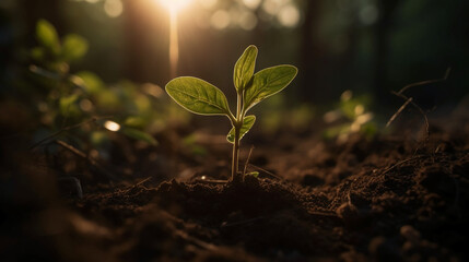 A young plant growing in sunlight. AI generative