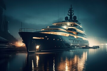 Fototapeta na wymiar Luxury yacht at night in the bay off the coast. AI generated, human enhanced.