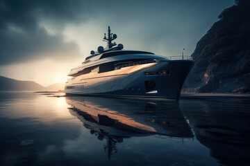 Luxury yacht at sunrise or sunset in a bay near the coast. AI generated, human enhanced.