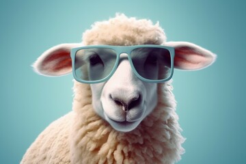 Funny cute sheep in sunglasses with happy emotion. AI generated, human enhanced