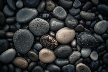 Fototapeta na wymiar Abstract background with dry dark stones or pebbles, selective focus. AI generated, human enhanced.