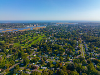 Stratford town landscape aerial view and Housatonic River mouth to the Atlantic Ocean in town of Stratford, Connecticut CT, USA. 