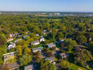 Historic residential houses aerial view in summer in town center of Stratford, Connecticut CT, USA.  - obrazy, fototapety, plakaty