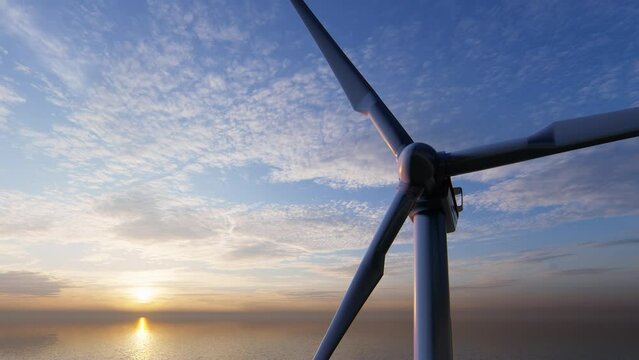 Windmill park. Offshore wind turbines farm on the ocean. Sustainable energy production. Green Energy, clean power, clean energy concept.	