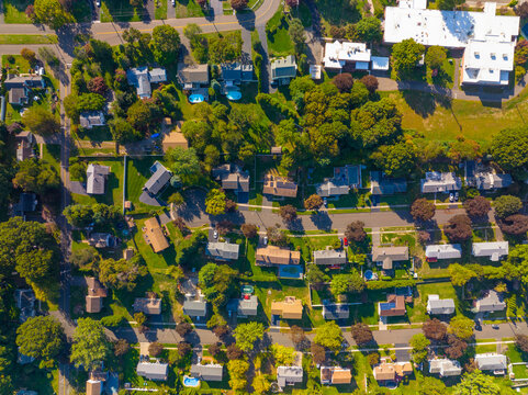 Historic residential houses aerial view in summer in town center of Stratford, Connecticut CT, USA. 