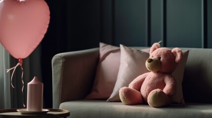 A plush bear and a pink balloon in a cozy room - AI generated