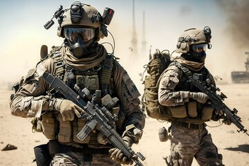 Special forces military units in full tactical gear walking in desert, war zone concept