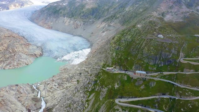 Switzerland, aerial view of Furka pass - high mountain pass in the Swiss Alps with Rhone Glacier (Rhonegletscher) on a summer day