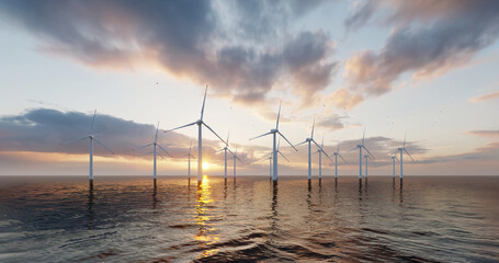 Windmill park. Offshore wind turbines farm on the ocean. Sustainable energy production. Green Energy, clean power, clean energy concept.	