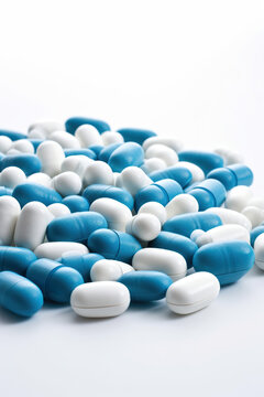 Pile of white-blue medical capsules. Scattered white and blue pills on white table. Blue white pills capsul on white background. 3D realistic illustration. Generative AI