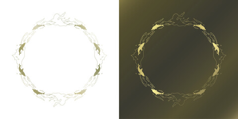 素材_フレームのセット_イルカをモチーフにした金色の飾り枠。高級感のある夏のイメージ。字無