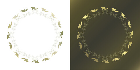 素材_フレームのセット_イルカをモチーフにした金色の飾り枠。高級感のある夏のイメージ。字無