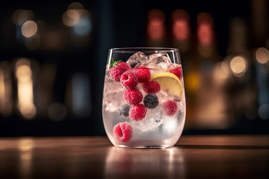 gin tonic with berries cocktail in a bar, drink with blackberries and raspberries, party blurred bar lights background, generative AI