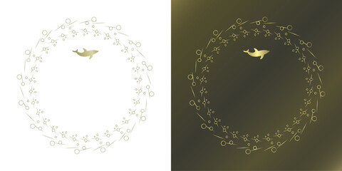 素材_フレームのセット_イルカをモチーフにした金色の飾り枠。高級感のある夏のイメージ。字無