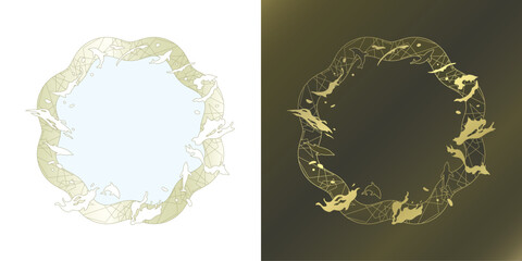 素材_フレームのセット_イルカをモチーフにした金色の飾り枠。高級感のある夏のイメージ。字無