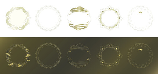 素材_フレームのセット_イルカをモチーフにした金色の飾り枠。高級感のある夏のイメージ。字無