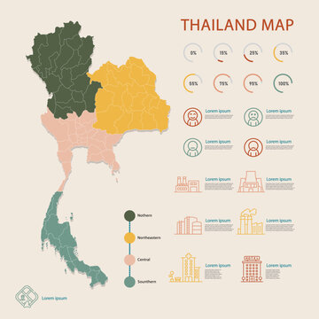 Thailand map and infographic of provinces, political maps of Thailand earth tone color - Vector File