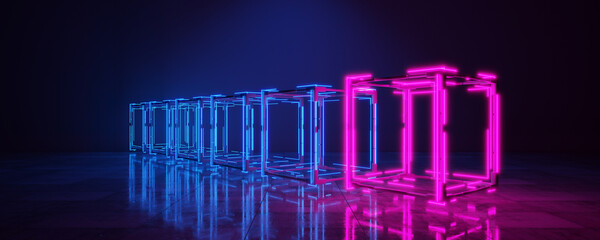 Technology cube in neon light. Abstract background. Blockchain concept. Neural network background. Artificial Intelligence. Technological background. 3d render.
