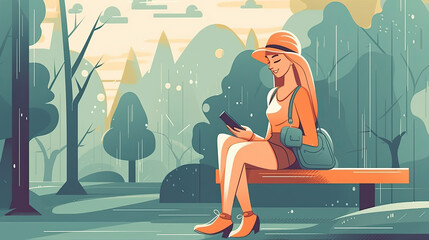illustration of a young woman sitting outside and looking at something on her smartphone. Generative AI