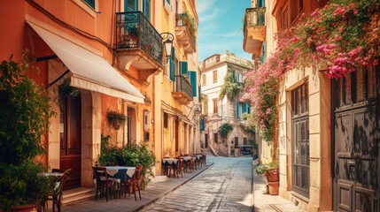 Fototapeta na wymiar cozy little old street in summer in europe . Generative AI