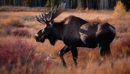 A moose walking in a grassland ai, ai generative, illustration