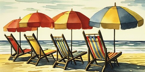 chair umbrella relax tree rest beach background watercolor summer vacation resort. Generative AI.