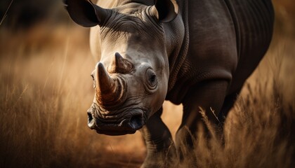 A rhinoceros walking in a grassland