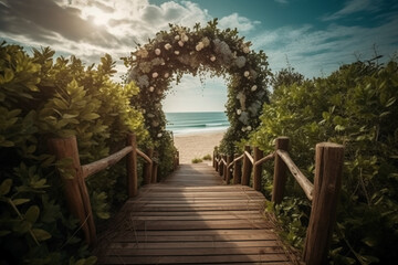 Photorealistic photo of a wooden path to the beach. Blue sky. plam trees, floral wedding arch white flowers. AI generative