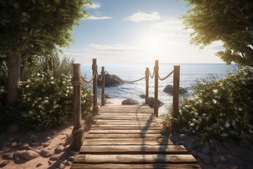 Fototapeta premium Photorealistic photo of a wooden path to the beach. Blue sky. plam trees, floral wedding arch white flowers. AI generative
