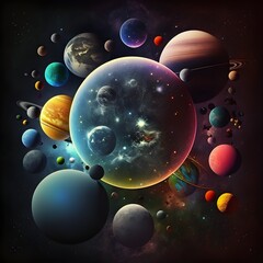 Planets in space, Ai-Generated Images, Multiple planets in space, Galaxy, clipart.