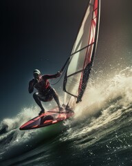 Naklejka premium Windsurfing. A windsurfer takes on the waves sailing through the water.. Created using generative ai