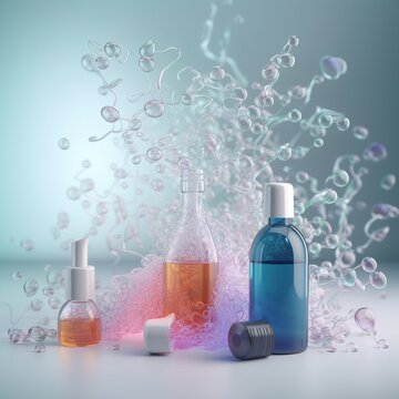 Shampoo, serum, hair care treatment, bubbles, and Dna backdrop applied to the scalp. generative AI