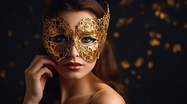 Generative AI, beautiful young woman in enigmatic golden Venetian mask