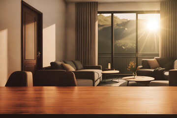 Table top with Blurred sofa Home interior decoration