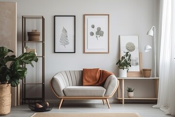 Blank horizontal poster frame mock up in minimal Scandinavian white style living room interior, modern living room interior background, Ai generative.
