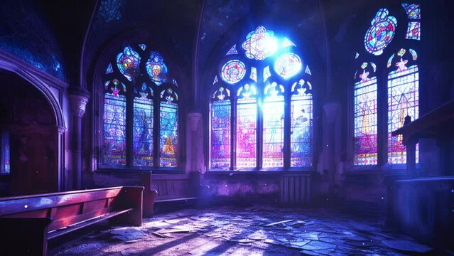 Abandoned Church Ruins with Stained Glass and Sunbeams &ndash; Fantasy Gothic Interior, Seamless Loop, Animated Background