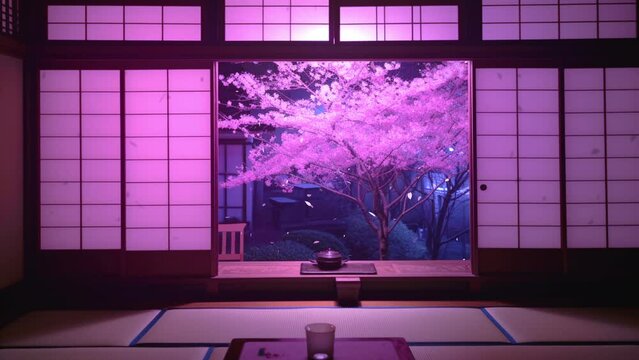 和室から眺める夜桜 月夜 月明り 桜の花びら 満開 ループ シームレス