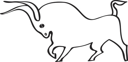 Young strong bull silhouette isolated. Black outline of bull. Hand drawing. Side view.
