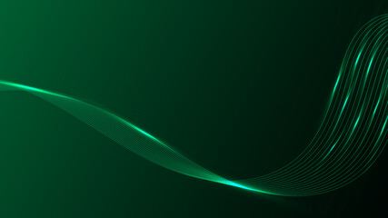 Abstract concept lines wave dynamic particle pattern on green background.