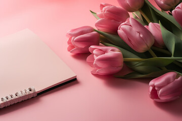 Notebook with space for text and beautiful pink tulips on color. Notepad with tulip bouquet. Love tulips. 3D realistic illustration. Generative AI