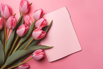 Notebook with space for text and beautiful pink tulips on color. Notepad with tulip bouquet. Love tulips. 3D realistic illustration. Generative AI