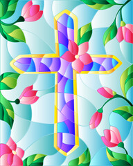Stained glass illustration with a  yellow Christian cross and pink flowers on a blue sky background